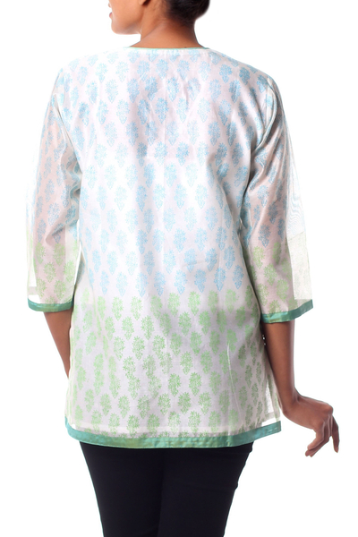 Cotton and silk blend tunic, 'Cool Bouquet' - Handmade Block Print Lined Cotton Blend Tunic from India