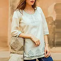 Cotton and silk blend tunic, 'Ivory Delight' - Indian Handmade Block Print Lined Cotton Blend Tunic