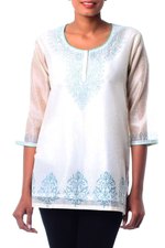 Cotton and silk blend tunic, 'Ivory Delight' - Indian Handmade Block Print Lined Cotton Blend Tunic