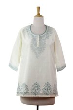 Cotton and silk blend tunic, 'Ivory Delight' - Indian Handmade Block Print Lined Cotton Blend Tunic