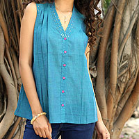 Turquoise Sleeveless Cotton V-Neck Blouse with Sequins,'Teal Sparkle'