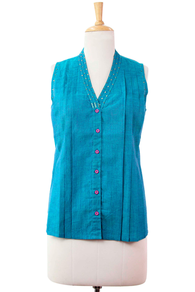 Cotton blouse, 'Teal Sparkle' - Turquoise Sleeveless Cotton V-Neck Blouse with Sequins