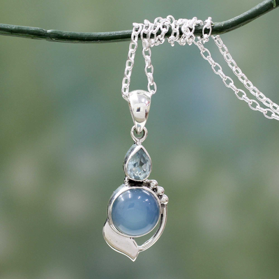 Blue topaz and chalcedony pendant necklace, 'Modern Romance' - Sterling Silver Necklace with Blue Topaz and Chalcedony