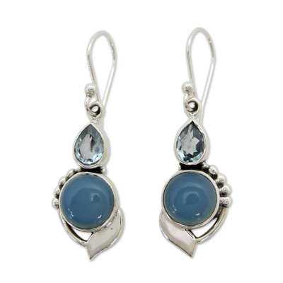 Blue topaz and chalcedony dangle earrings, 'Modern Romance' - Sterling Silver Hook Earrings with Blue Topaz and Chalcedony