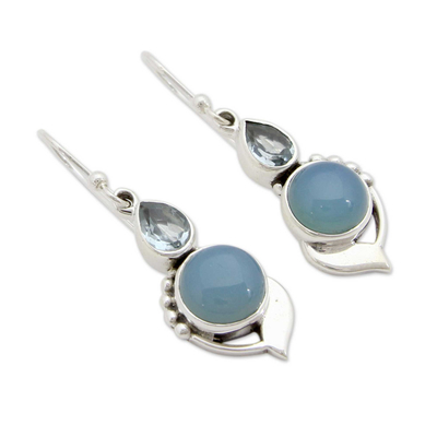 Blue topaz and chalcedony dangle earrings, 'Modern Romance' - Sterling Silver Hook Earrings with Blue Topaz and Chalcedony