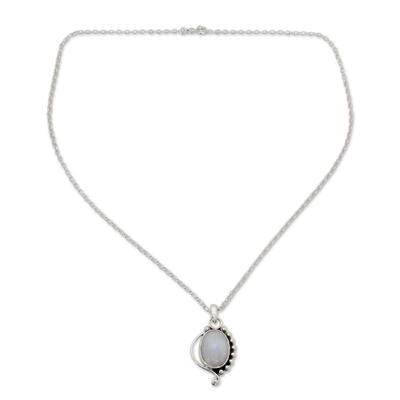 Rainbow moonstone pendant necklace, 'Indian Paisley' - Indian Sterling Silver and Moonstone Pendant Necklace