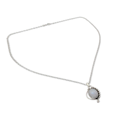 Rainbow moonstone pendant necklace, 'Indian Paisley' - Indian Sterling Silver and Moonstone Pendant Necklace