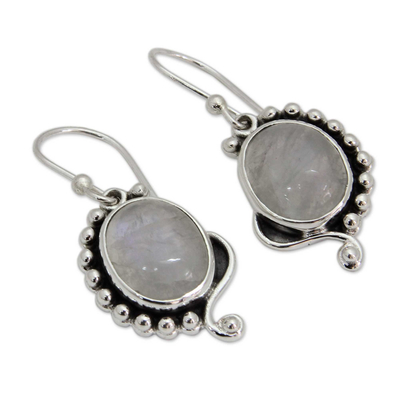 Rainbow moonstone dangle earrings, 'Indian Paisley' - Rainbow Moonstone Jewellery Indian Sterling Silver Earrings