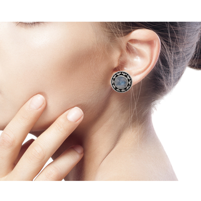 Rainbow moonstone button earrings, 'Lavish Moons' - Artisan Crafted Sterling Silver Rainbow Moonstone Earrings