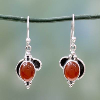 Carnelian dangle earrings, 'Solar Charm' - Sterling Silver and Carnelian Dangle Earrings from India