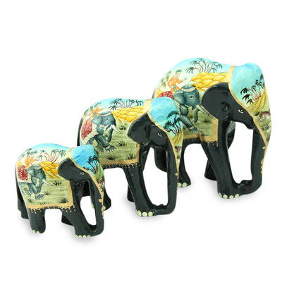 3 Artisan Crafted Lacquered Wood Elephant Sculptures