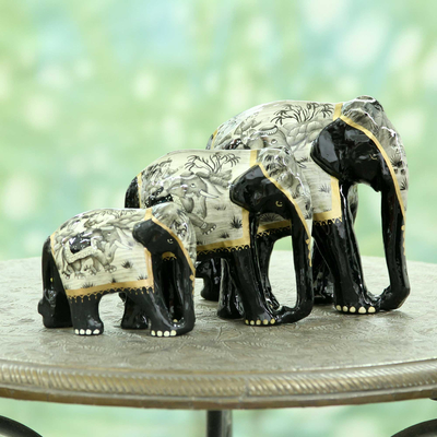 Lacquered wood sculptures, Grey Elephant Trio (set of 3)