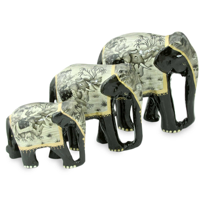 Set of 3 Hand-Painted Carved Wood Elephant Sculptures
