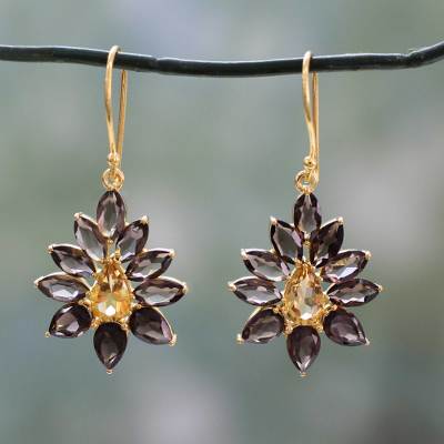 Gold vermeil smoky quartz and citrine dangle earrings, 'Twilight Aura' - Gold Vermeil Earrings with Smoky Quartz and Citrine