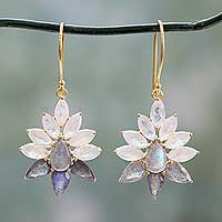 Gold vermeil rainbow moonstone and labradorite dangle earrings, 'Dawn Aura'