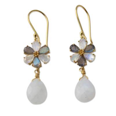 Gold vermeil rainbow moonstone and labradorite dangle earrings, 'Jaipur Allure' - Rainbow Moonstone Artisan Gold Vermeil Labradorite Earrings