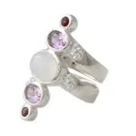 Multi-gemstone cocktail ring, 'Spiral Enchantment' - Silver Moonstone Artisan Ring with Amethyst and Garnet