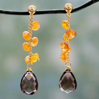 Gold vermeil onyx and smoky quartz dangle earrings, Eternal Mist