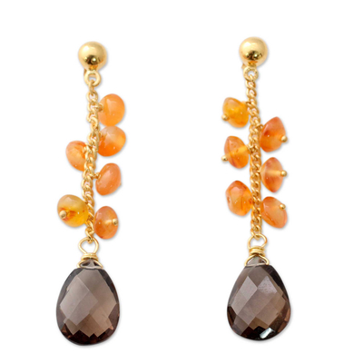 Gold vermeil onyx and smoky quartz dangle earrings, 'Eternal Mist' - Fair trade Onyx and Smoky Quartz Gold Vermeil Earrings