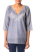 Cotton blouse, 'Charming Bouquet' - India Blue Cotton Chambray Blouse with Hand Embroidery thumbail