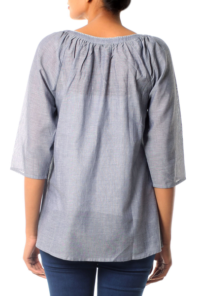 Blusa de algodón - Blusa de cambray de algodón azul India con bordado a mano