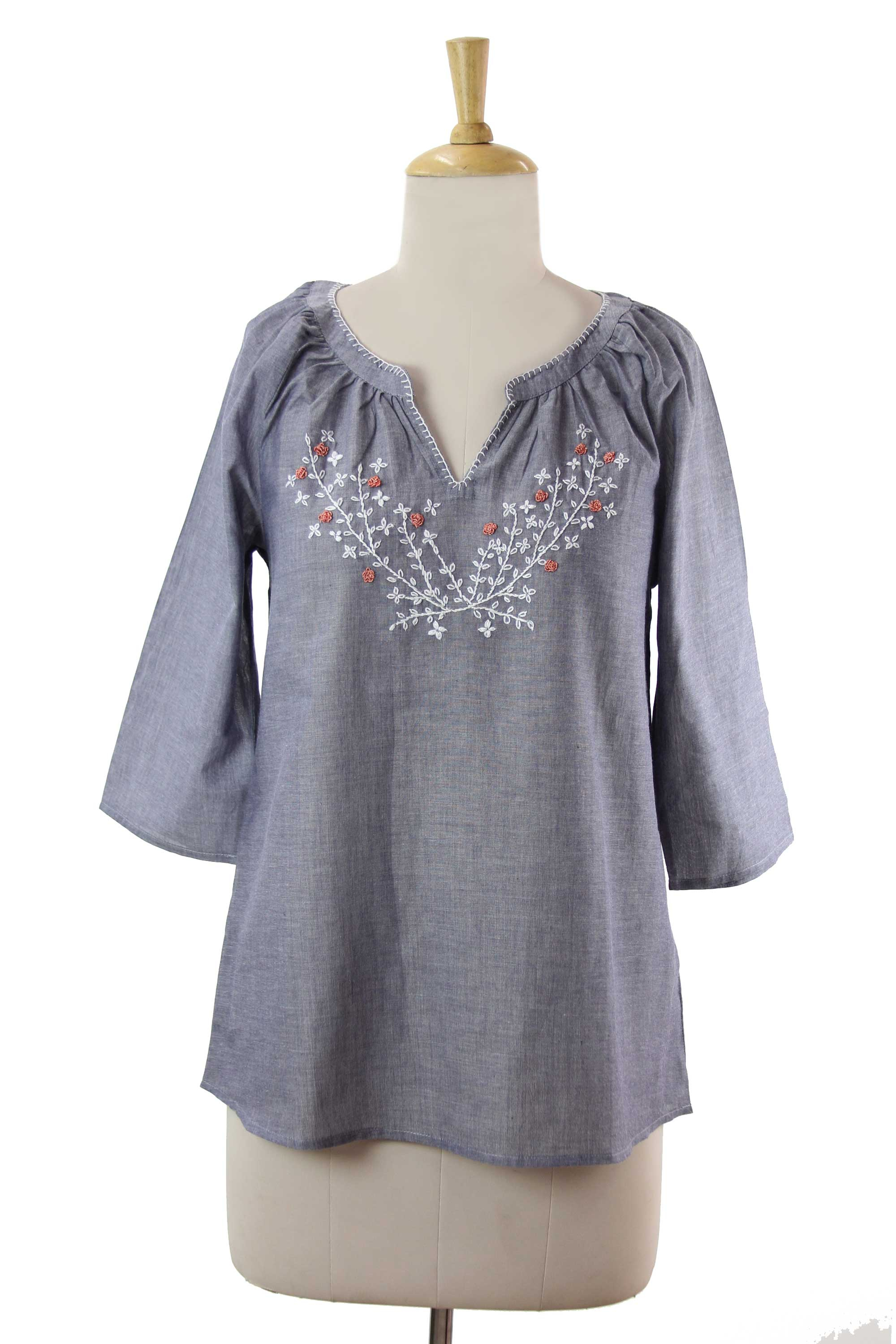 India Blue Cotton Chambray Blouse with Hand Embroidery - Charming ...