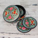 Papier mache coasters, 'Kashmir Floral' (set of 6) - Artisan Crafted Papier Mache Coasters with Holder (Set of 6)