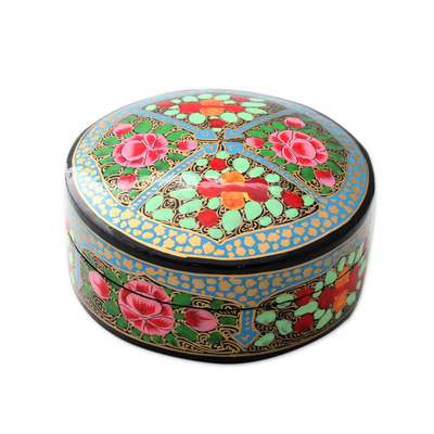 Papier mache coasters, 'Kashmir Floral' (set of 6) - Artisan Crafted Papier Mache Coasters with Holder (Set of 6)