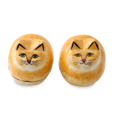 Papier mache boxes, 'Charismatic Cats' (pair) - Artisan Crafted Decorative Papier Mache Cat Boxes