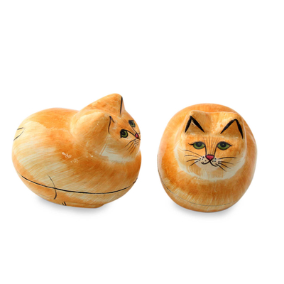 Papier mache boxes, 'Charismatic Cats' (pair) - Artisan Crafted Decorative Papier Mache Cat Boxes
