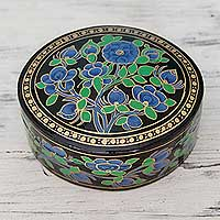 Papier mache box, 'Blue Grandeur' - Hand Painted Papier Mache Round Decorative Box