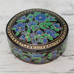 Papier mache box, 'Blue Grandeur' - Hand Painted Papier Mache Round Decorative Box