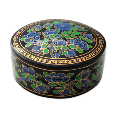 Papier mache box, 'Blue Grandeur' - Hand Painted Papier Mache Round Decorative Box