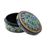 Papier mache box, 'Blue Grandeur' - Hand Painted Papier Mache Round Decorative Box