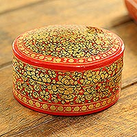 Papier mache box, 'Ruby Gold Bouquet' - Decorative Papier Mache Box Artisan Crafted in India