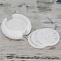 Marble coasters, 'White Agra Rose' (set of 6) - 6 Carved White Indian Marble Coasters and Holder