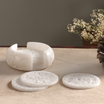 Marble coasters, 'White Agra Rose' (set of 6) - 6 Carved White Indian Marble Coasters and Holder