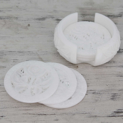 Marble coasters, 'White Agra Lily' (set of 6) - Six White Indian Marble Carved Coasters with Holder