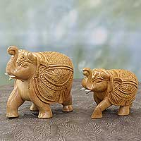 Wood sculptures, 'Parade in Agra' (pair) - Hand-Carved India Kadam Wood Elephant Sculptures (Pair)