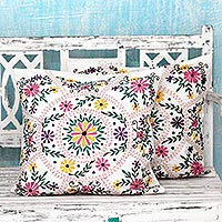 Cotton cushion covers, 'Floral Carousel' (pair) - Bright Flower Embroidery White Cotton Cushion Covers (Pair)