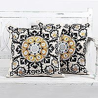 Cotton cushion covers, 'Jaipur Blossom' (pair) - Embroidered Cotton Ecru Cushion Covers from India (Pair)