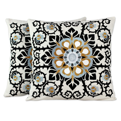 Cotton cushion covers, 'Jaipur Blossom' (pair) - Embroidered Cotton Ecru Cushion Covers from India (Pair)