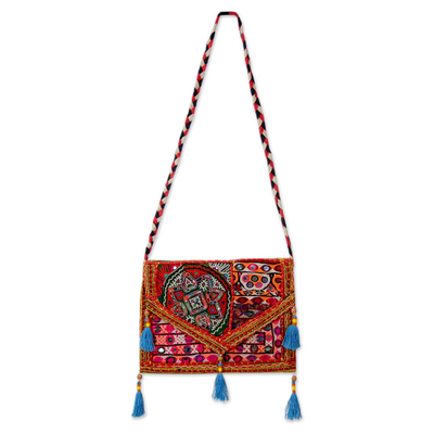 Embroidered Red Patchwork Cotton Shoulder Bag with Sequins - Red ...
