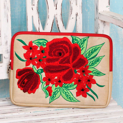 Embroidered tablet sleeve, 'Red Rose Romance' - Embroidered Tablet Sleeve Padded Lined Case with Rose Theme