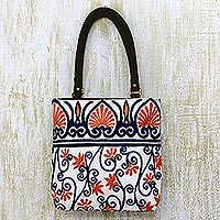 Leather accent cotton tote handbag, 'Peach Blossom' - India Chain Stitch Embroidery Leather Accent Cotton Tote