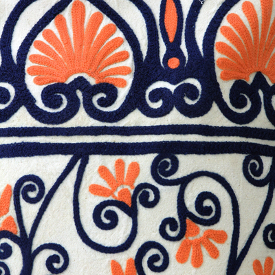 Leather accent cotton tote handbag, 'Peach Blossom' - India Chain Stitch Embroidery Leather Accent Cotton Tote