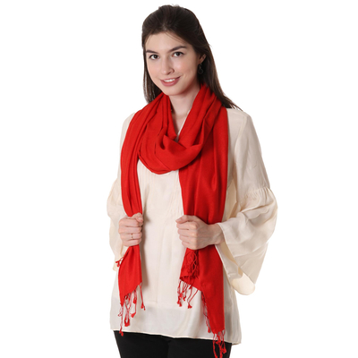 Wool and silk shawl, 'Scarlet Attraction' - Wool and Silk Blend Red Wrap Shawl from India