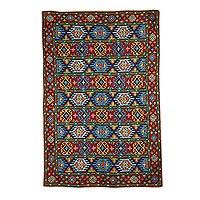 Wool chain stitch rug, 'Blue Tile Palace' (4x6) - India Aari Rug Chain Stitched Wool on Cotton (4 x 6)