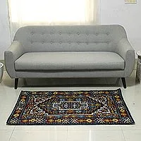 Wool chain stitch rug, 'Blue Mughal Palace' (3x5) - Blue and Burgundy Handcrafted Chain Stitch Wool Rug (3 x 5)