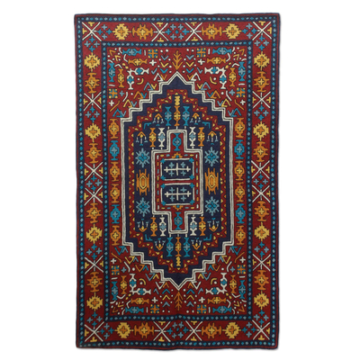 Wool chain stitch rug, 'Blue Mughal Palace' (3x5) - Blue and Burgundy Handcrafted Chain Stitch Wool Rug (3 x 5)